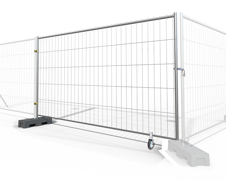 6x10 temporary fence gate kit with metal wire mesh, lockable latch, and caster wheel for easy mobility—ideal for construction sites and event security.