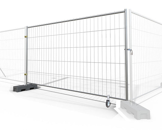 6x10 temporary fence gate kit with metal wire mesh, lockable latch, and caster wheel for easy mobility—ideal for construction sites and event security.