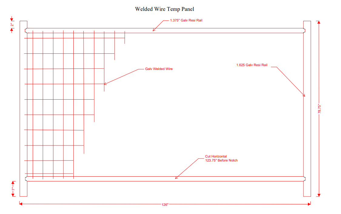 Technical drawing of a welded wire temporary fence panel with galvanized steel frame, 1.375” and 1.625” resi rails, and detailed wire mesh specifications. Dimensions: 126” width x 78.75” height. Ideal for construction and event fencing.