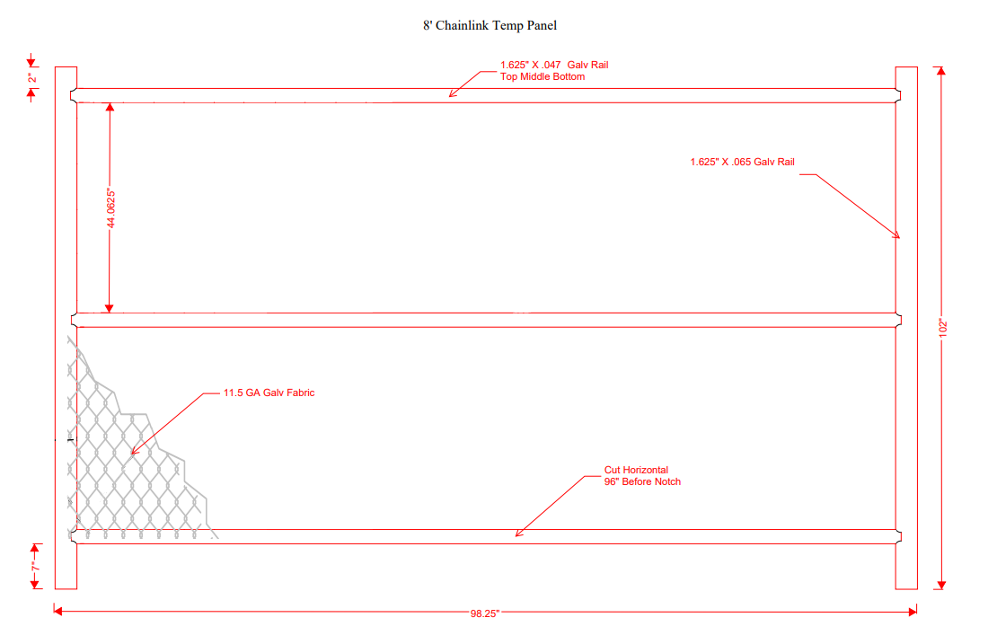 Detailed schematic of an 8' chain link temporary fence panel, highlighting frame structure, mesh gauge, and assembly measurements.